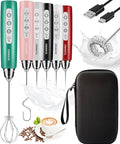 YUSWKO Rechargeable Milk Frother for Coffee, Handheld Drink Mixer with 3 Heads 3 Speeds, Ideal Coffee Frother Wand for Travel - Green