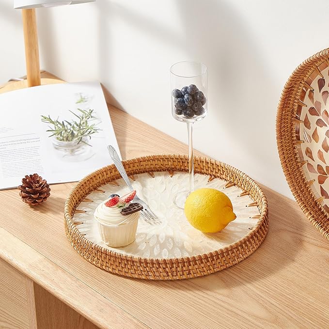 Round Rattan Tray with Mother of Pearl Inlay & Wooden Base