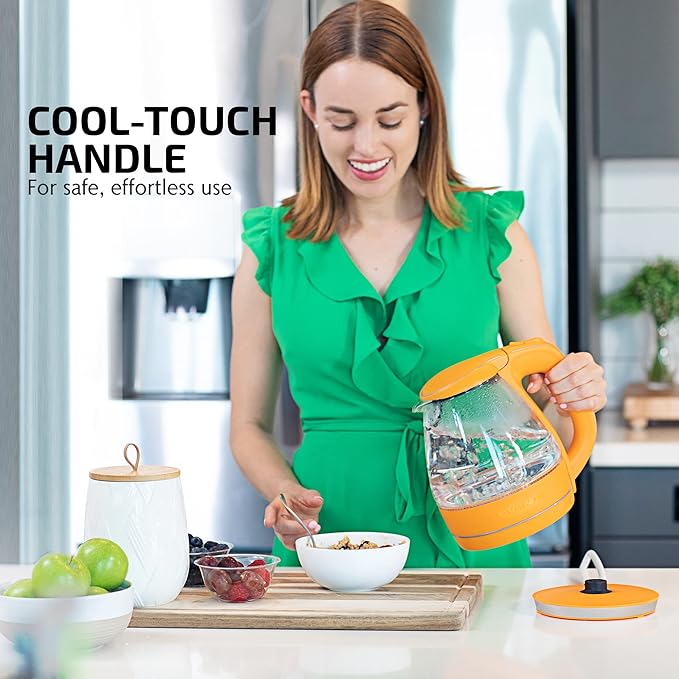 OVENTE Electric Kettle, 1.5L Borosilicate Glass Countertop Water Heater and Boiler for Coffee or Tea, BPA-Free, Auto Shut-Off, Boil-Dry Protection, Removable and Washable Spout Filter, Orange KG83O