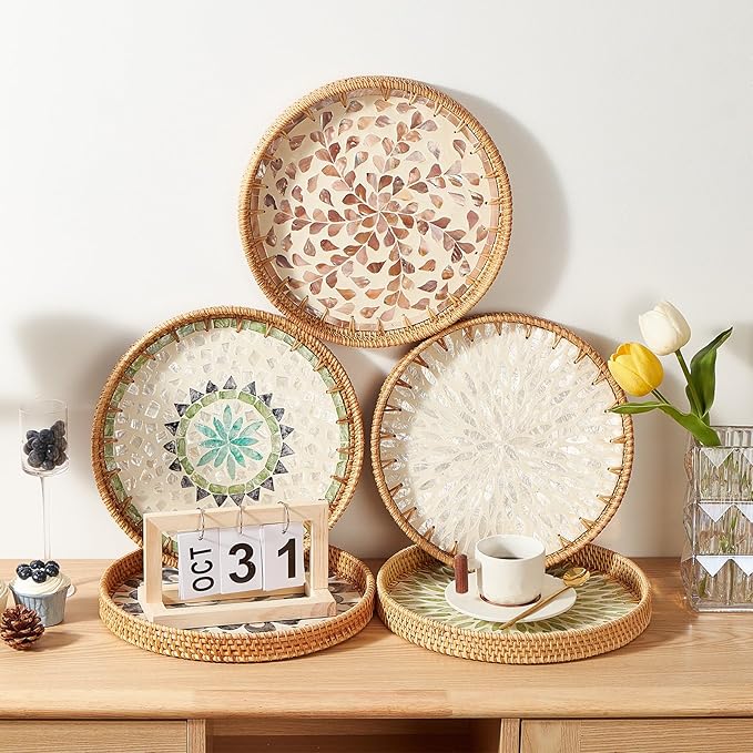 Round Rattan Tray with Mother of Pearl Inlay & Wooden Base