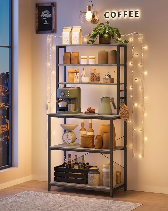 VASAGLE Coffee Bar, 31.5 Inches Baker's Rack for Kitchen with Storage, 6-Tier Kitchen Shelves with 6 Hooks, Microwave Stand, Industrial, Greige and Black UKKS019B02