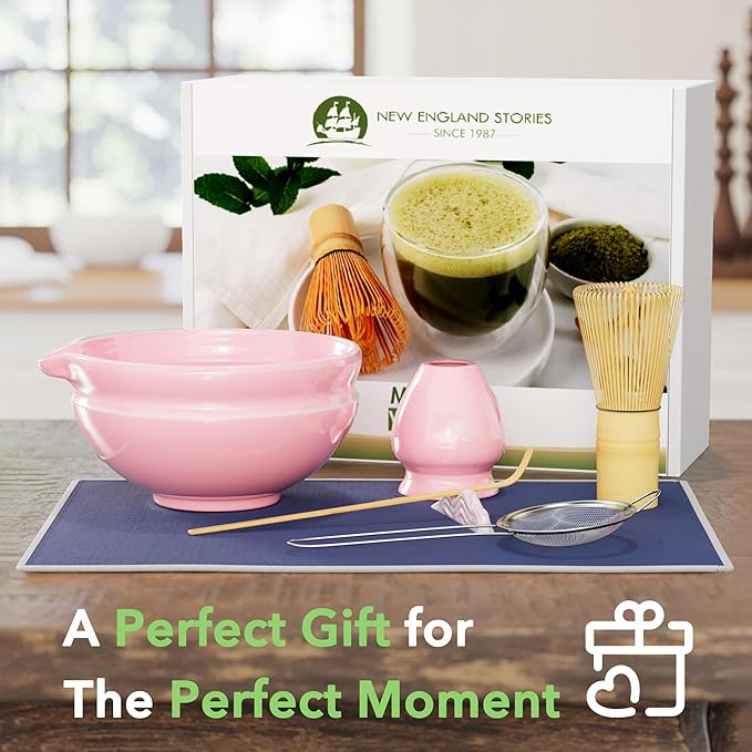 7 Pcs Matcha Whisk Set, Perfect Matcha Kit for Matcha Lovers Includes Ceramic Bowl, Bamboo Whisk, Holder, Scoop, Sifter & Cloth