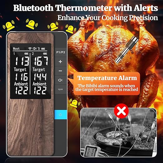 Wireless Meat Thermometer-Multi Sensors Digital Food Thermometer with Ultra-Thin Probes, Accuracy Smart Bluetooth Meat Thermometer for Steak, BBQ, Oven, Grill, Smoker,Recipes in App & Host