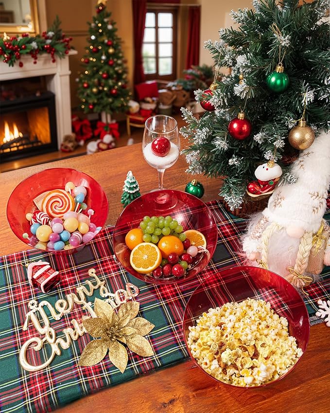 bUCLA Clear Red Plastic Serving Bowls 20 OZ - Christmas Party Disposable Bowls 12 Pack