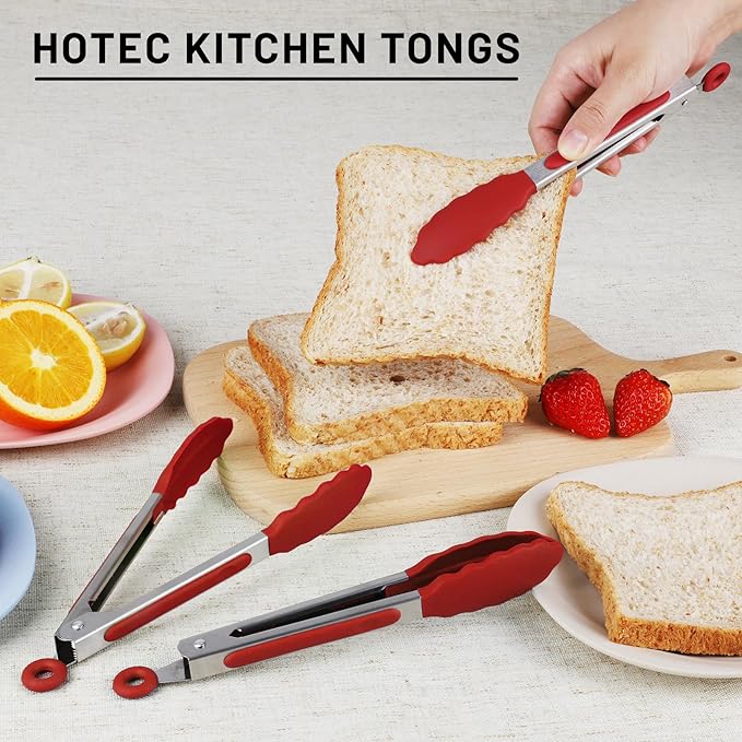 Hotec Mini Silicone Kitchen Tongs for Cooking - 7-Inch Small Serving Tongs with Silicone Tips, Set of 3 (Red)