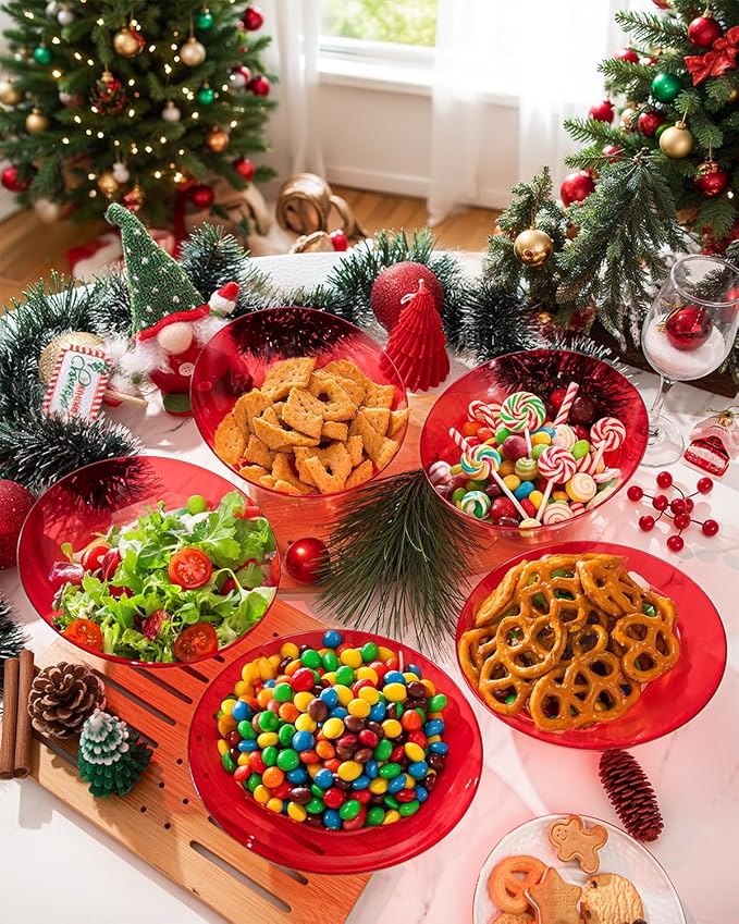 bUCLA Clear Red Plastic Serving Bowls 20 OZ - Christmas Party Disposable Bowls 12 Pack