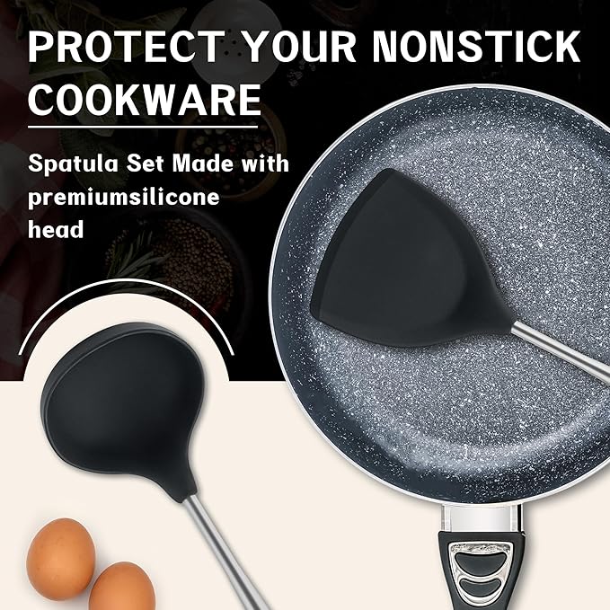 FJNATINH Silicone Wok Spatula,Ladle,Skimmer - Stainless Steel Wok Tools, Wok Utensil - Resistant Cooking Utensils BPA Free Kitchen Utensils Cookware Wooden Handle,3 Pieces
