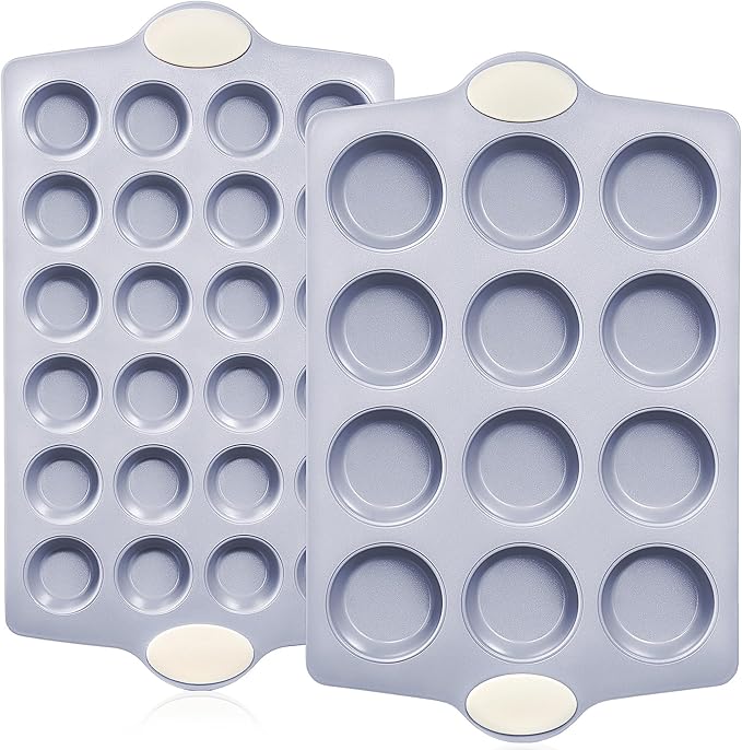 BRONYPRO Ceramic Muffin Pan, 12-Cup and 24-Cup Nonstick Aluminized Steel Mini Cupcake Pans, Healthy Non-Toxic Ceramic Coating Muffin Tin, 2 Pack Cup Cake Pans for Baking Cream