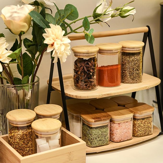 6oz Glass Food Storage Jars, Glass Jars with Bamboo Lids, Kitchen Storage Jars, Set of 6, Canisters with Airtight Lids for Spice, Coffee, Cookie, Pantry Organizers