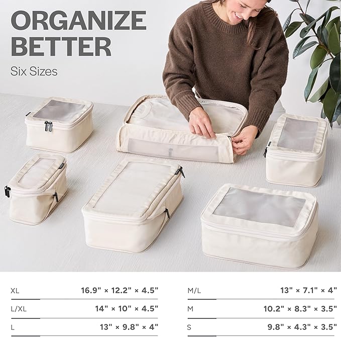 Aerotrunk Compression Packing Cubes for Travel - Luggage Organizer Bags - Double Zipper Packing Cubes for Suitcases (6-Pack, Beige)