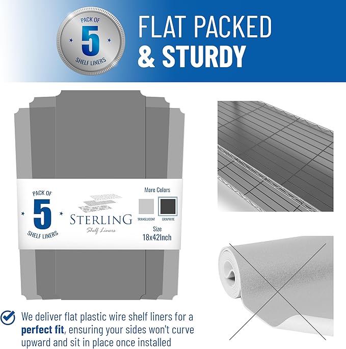 Shelf Liners for Wire Shelf System: Set of 5 in Graphite: 18 x 42 inch: Plastic Wire Shelving Shelf Mats