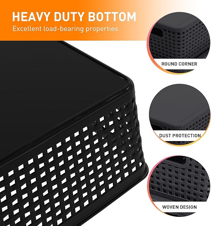 Plastic Storage Baskets With Lid, Storage Bins for Organizing, Stackable Decorative Containers for Shelves Drawers Desktop Closet Playroom Classroom Office, 6 Pack-Black