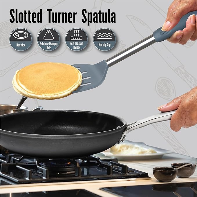 Silicone Spatulas set for kitchen use : Heat Resistant Turner & Slotted Silicone Spatula for Cooking, Non Toxic Kitchen Utensils, Ideal kitchen spatula turner for Eggs & Pancakes (Gray)