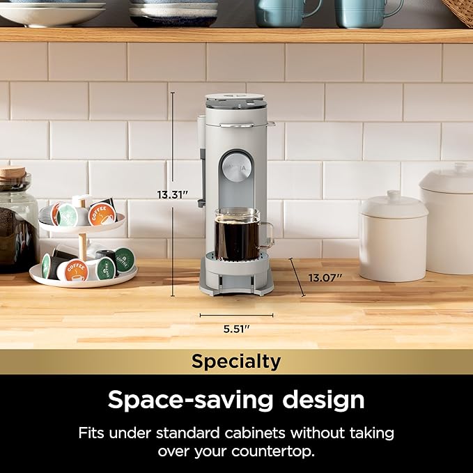 Ninja Pod & Grounds Specialty Single-Serve Coffee Maker, K-Cup Pod Compatible, Brews Grounds, Compact Design, Built-In Milk Frother, 56-oz. Reservoir, 6-oz. Cup to 24-oz. Mug Sizes, Stone, PB051ST