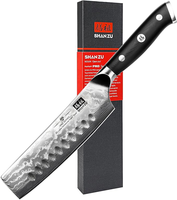 SHAN ZU Chef Knife, Damascus Professional Extra Sharp Kitchen Knife, Japanese High Carbon Super Steel Nakiri Knife with Ergonomic G10 Glass Fiber Handle