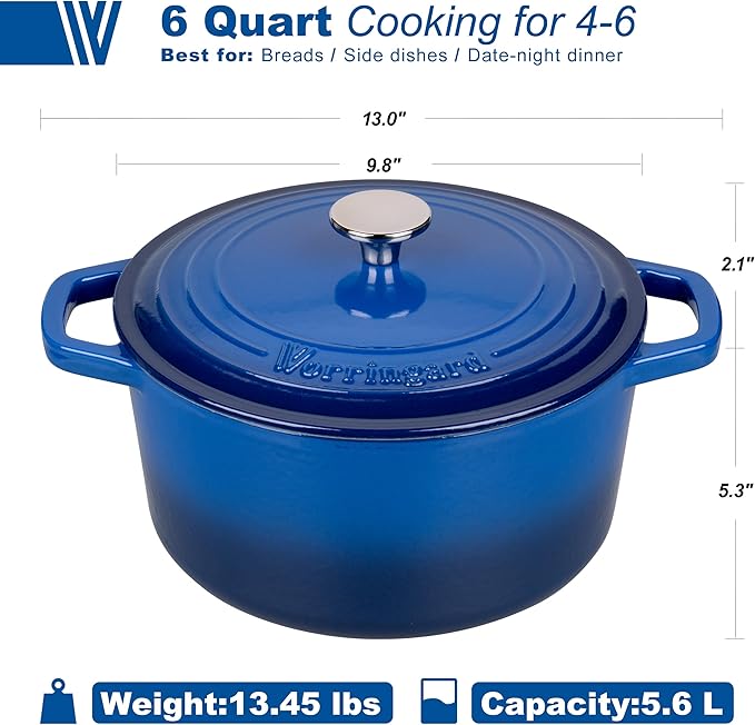 Enameled Cast Iron Dutch Oven Pot with Lid, for Bread Baking, Round Bread Oven- include Sourdough Bread Baking Supplies Set, 6QT, Blue