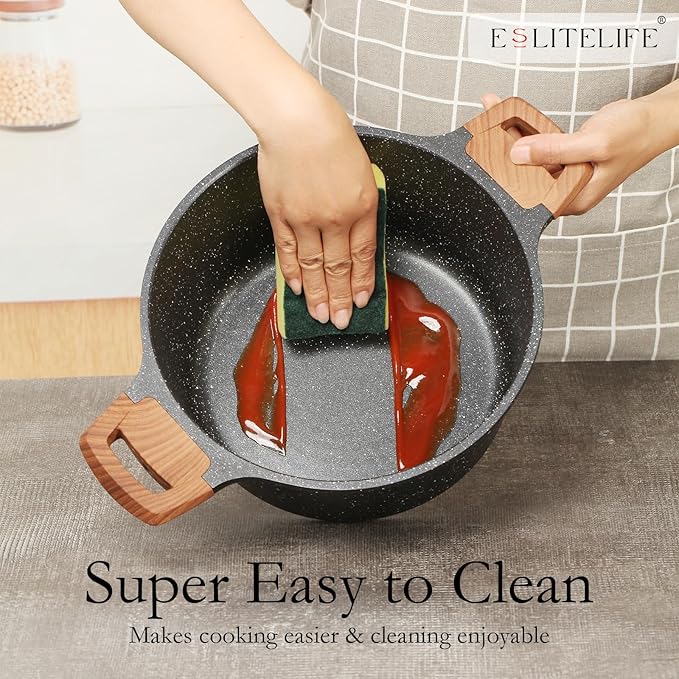 ESLITE LIFE Nonstick Stock Pot with Lid, 5 Quart Granite Casserole Large Soup Pot Pasta Cooking Pot, Induction Compatible, PTFE & PFOA Free, Black