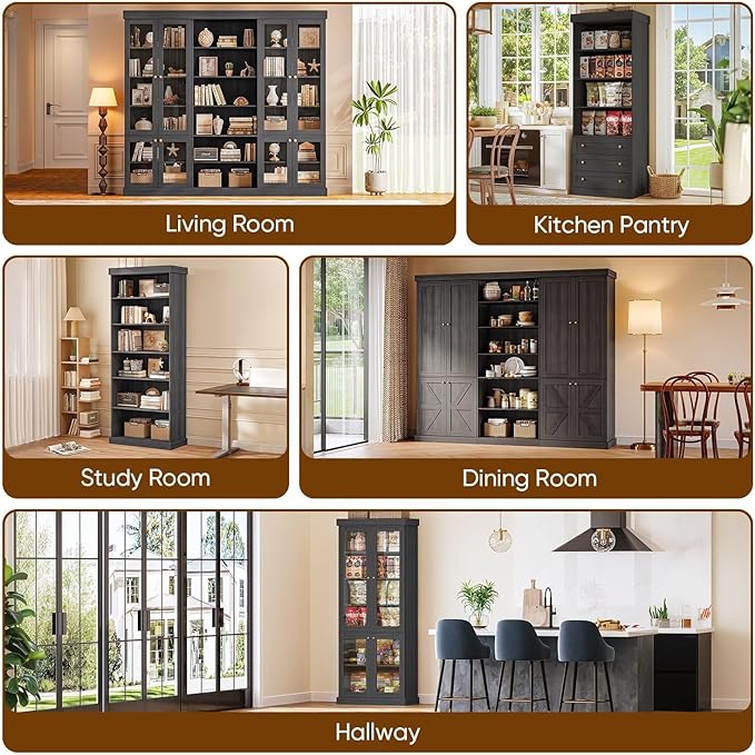 70.8" Tall Black Bookshelf, Farmhouse Modular Bookcase with 6-Tier Adjustable Shelves, Large Storage Cabinet for Home Office, Living Room