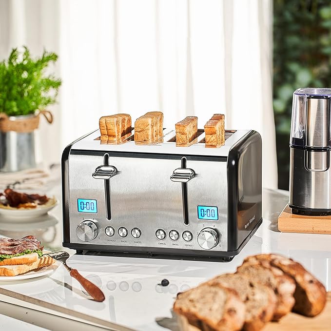 Roter Mond Countdown Stainless Steel 4 Slice Toaster with Bagel, Defrost, Cancel Function, Dual Toaster, Extra Wide Slots, 6 Shade Settings, Removable Crumb Trays, 1650W, Black