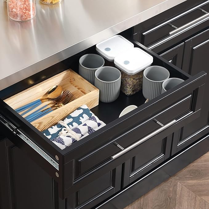 HOMCOM Rolling Kitchen Island Cart with Wheels, Portable Island Table for Kitchen with Stainless Steel Top, Adjustable Shelves, 2 Drawers, Spice, Knife and Towel Rack, Black