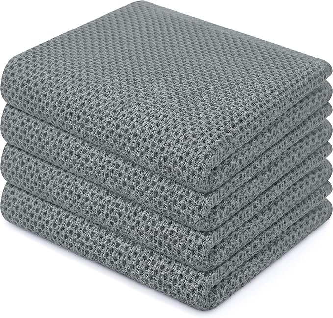 Homaxy 100% Cotton Waffle Weave Kitchen Dish Towels, Ultra Soft Absorbent Quick Drying Cleaning Towel, 13 x 28 Inches, 4-Pack, Grey