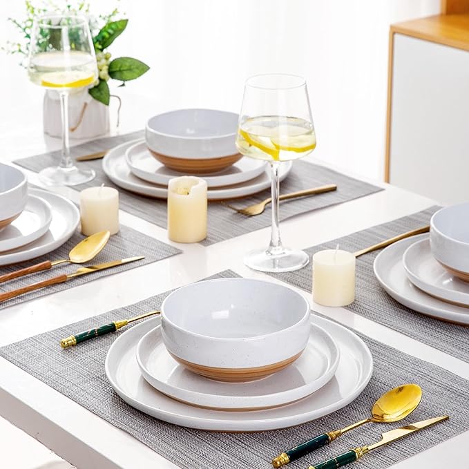 AmorArc Ceramic Dinnerware Sets for 8, 24 Pieces Handpainted Plates and Bowls Set with Rustic Terracotta Underside, Scratch Resistant Stoneware Dishes Set, Dishwasher & Microwave Safe, White