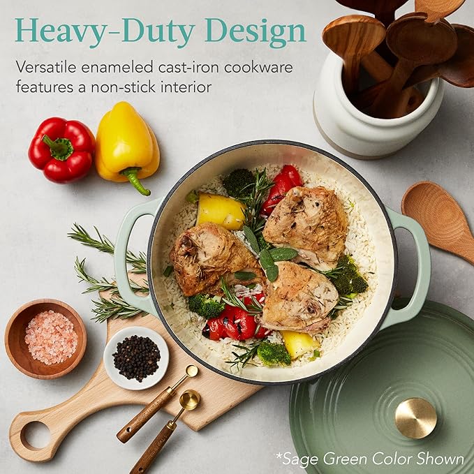 Best Choice Products 6 Quart Enamel Cast-Iron Round Dutch Oven, Family Style Heavy-Duty Pre-Seasoned Cookware for Home, Kitchen, Dining Room, Oven Safe w/Lid, Dual Handles - Vanilla Buttercream