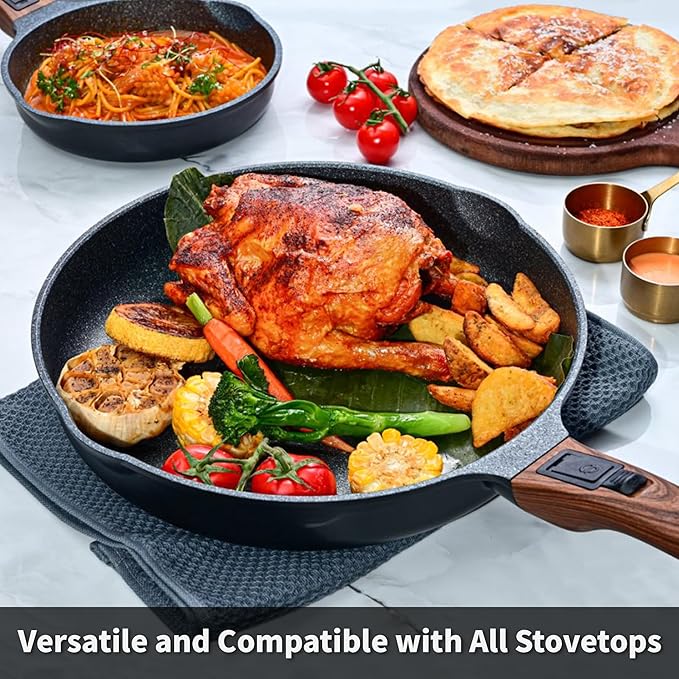 Smart Nonstick Frying Pan Set with Removable Handles - 8 & 12.5 Inch Cast Aluminum Cookware