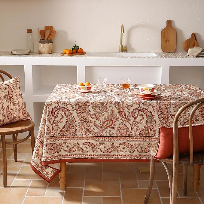 ISAENNE Designer French Red Long Tablecloth Rectangle,Linen Table Cloth with Cashew Pattern,Stain Proof Decor Tablecloths for Dining Thanksgiving Kitchen Christmas,63"*94"-Chauffrey D
