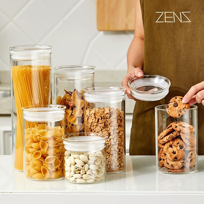 ZENS 15oz Glass Food Storage Jars Set of 3, Clear Glass Canisters with Airtight Lids, Small Container Spice Jars for Kitchen Herbs, Sugar, Blooming Tea, Candy