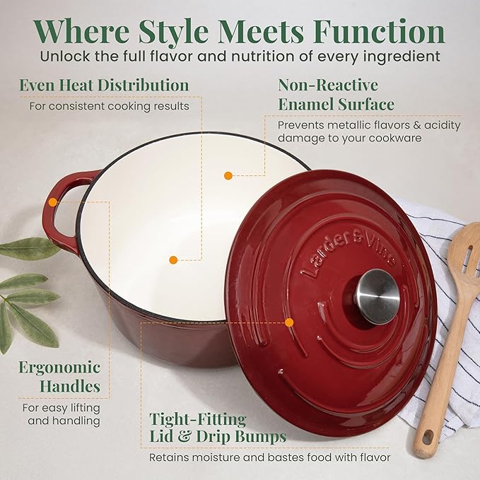 Larder & Vine Enameled Cast Iron Dutch Oven Pot with Lid | Bread Baking | Compatible on All Cooktops & Oven Safe to 500° F | Great for Sourdough Bread | Cabernet