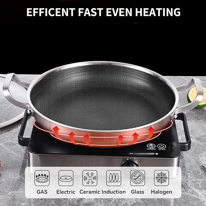DELARLO 13" Tri-Ply Stainless Steel Nonstick Paella Pan with Lid