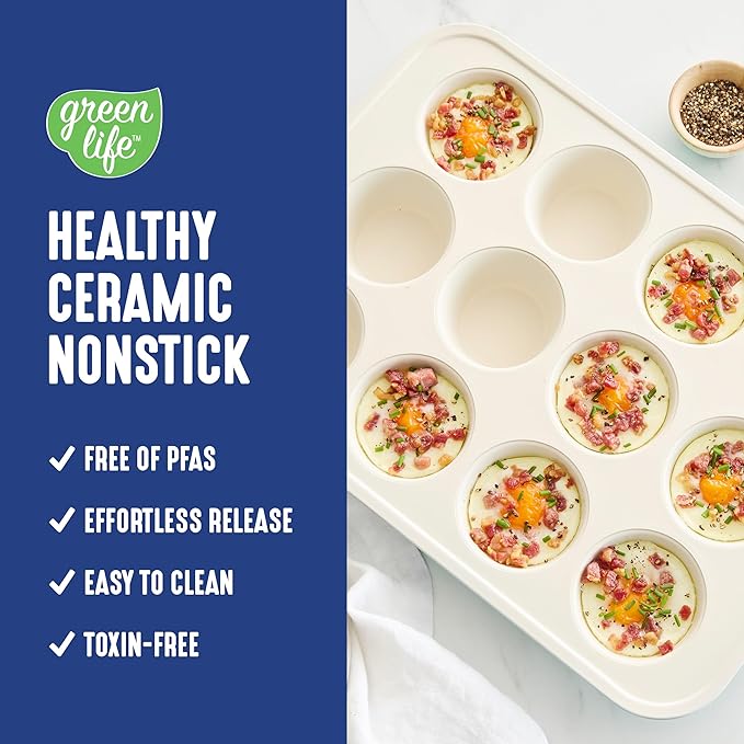 GreenLife 12-Cup Muffin Pan, Healthy Ceramic Nonstick Bakeware, PFOA & PFAS-Free Cupcake Sheet, Durable Baking Tray, Versatile Kitchen Essentials, Easy Clean Muffin Mold, Nonstick Baking Pan, Blue