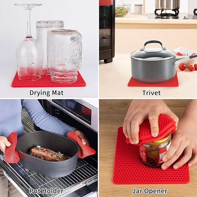 Silicone Trivets for Hot Pots and Pans, 4PCS Flexible Multipurpose Hot Pads Pot Holders, Heat Resistant Trivet Mats for Hot Dishes, Soft Non-Slip Silicone Mat for Kitchen Counter(Red)