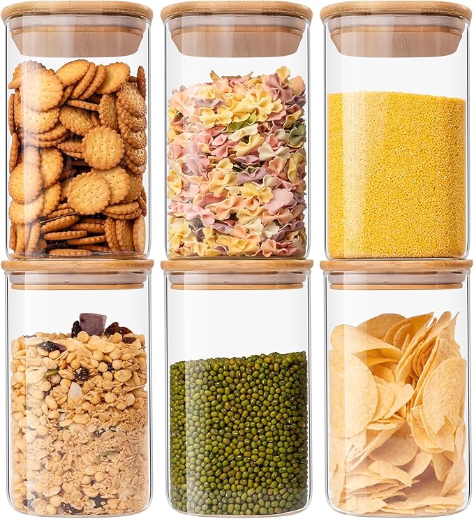 Liuruiyu Glass Food Storage Jars 37 oz Set of 6,Glass Storage Containers Clear Glass Food Canister with Bamboo Lid Airtight For Serving Tea,Coffee,Flour,Sugar,Candy,Cookie,Spice and More (Square)