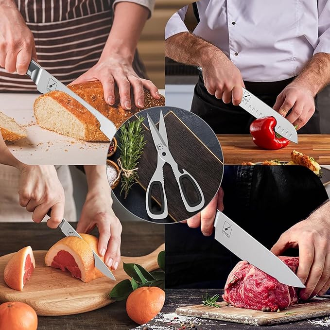 imarku Knife Set G14 - Stainless Steel Kitchen Knives with Block, Built-in Sharpener, Dishwasher Safe, Rust Resistant, Non-Slip Ergonomic Handle - 14pcs Ultimate Gift for Home Cooks & Chefs, White