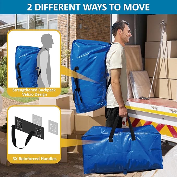 10 Pack Heavy Duty Extra Large Moving Bags with Backpack Straps & Vacuum Storage Supply Combo, Totes Handles Zippers for Space Saving, Fold Flat, Includes Bags, Blue, (HEV10)