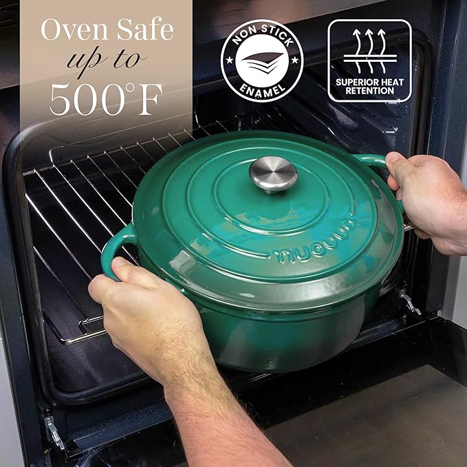 Nuovva Enamelled Cast Iron Dutch Oven Pot with Lid – 6.4 Quart Non Stick Casserole Pot – Heavy Duty & Oven Safe up to 500° F for Bread Baking, Braising, Stews, Roasting – 28cm Dark Green