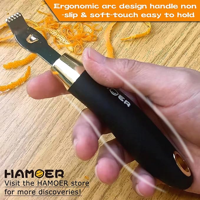 Zester Grater & Channel Knife Kitchen Bar Tool Set for Parmesan Cheese Lemon Garlic Nutmeg Chocolate Citrus Cucumber Radish Ginger Crushed Scraping Rubber Ergonomic Curved Handle Black