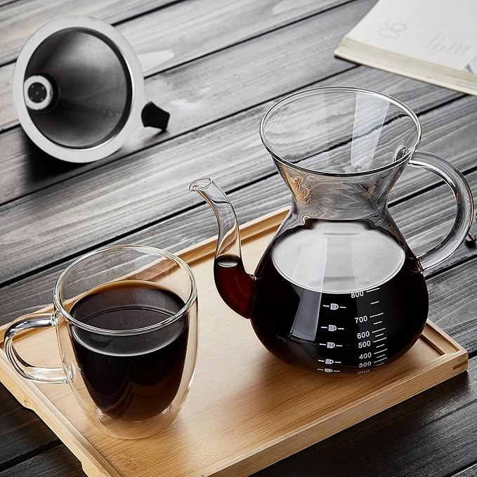 Unbreakable - Pour Over Coffee Maker with Double Stainless Filter 34 fl oz, Thickened Heat-Resistant Borosilicate Glass Pour Over Coffee Dripper, Stovetop Safe