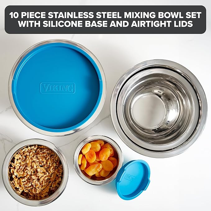 VIKING Mixing Bowls Set 10 Piece - Stainless Steel with Non-Slip Silicone Base Blue