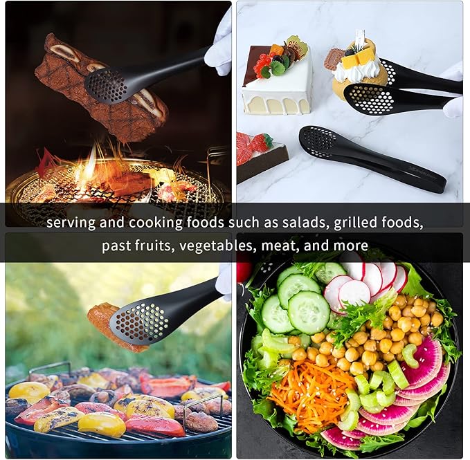 MSY BIGSUNNY Kitchen Buffet Tongs - Heavy Duty Food Serving Set for Cooking, BBQ - Metal Salad Tongs Set of 3 (Black 7" 9" & 11")