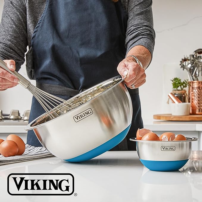 VIKING Mixing Bowls Set 10 Piece - Stainless Steel with Non-Slip Silicone Base Blue