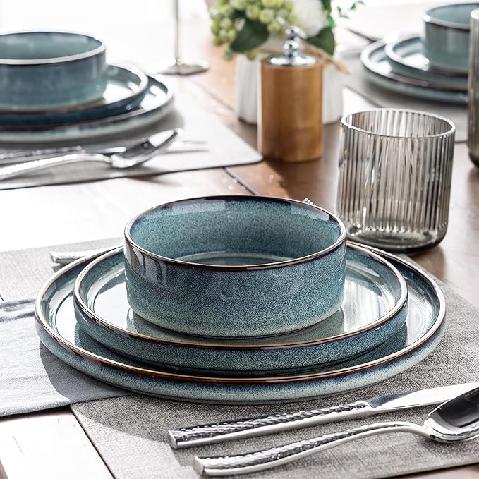GBHOME Ceramic Dinnerware Sets for 4, 12 Pieces Stoneware Plates and Bowls Sets, Reactive Glaze Dishes -Scratch Resistant, Dishwasher&Microwave Safe