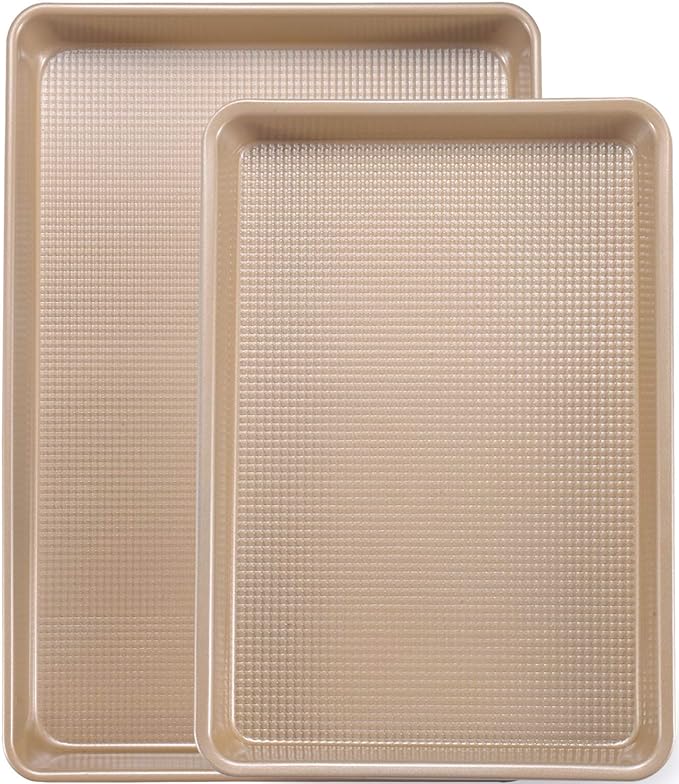 Cookie Sheets for Baking Nonstick, 2 Pack Heavy Duty 0.8mm Baking Sheet Pan Set Quarter(9x13in) & Jelly Roll(10x15in) with Diamond Texture, Gold Commercial Grade, Small Oven Safe