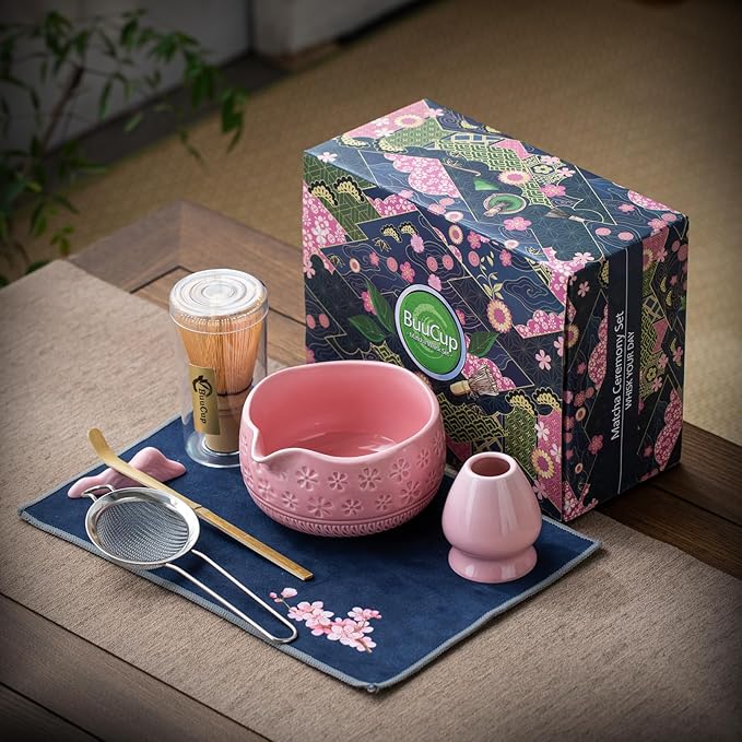 Matcha Whisk Set, Ceramic Matcha Kit Set Includes Matcha Bowl, Matcha Whisk and Holder, Bamboo Scoop, Scoop Rest, Sifter and Tea Towel - 7 Pcs Matcha Kit for Matcha Lovers (Pink)