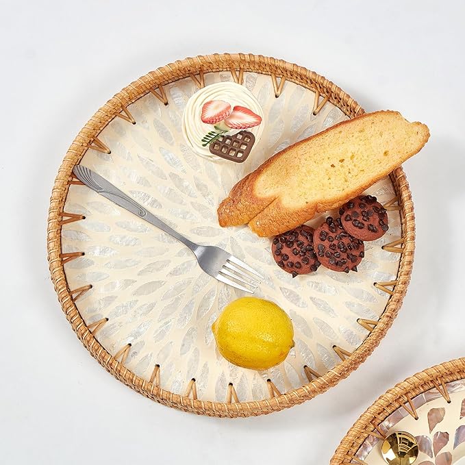 Round Rattan Tray with Mother of Pearl Inlay & Wooden Base