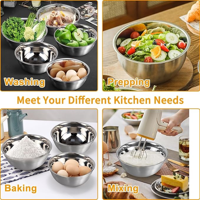 Mixing Bowls with Lid Set, 27PCS Kitchen Utensils Metal Bowl Stainless Steel Nesting Bowls, Measuring Cups and Spoons, Egg Whisk for Baking