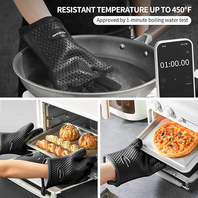 MAD SHARK Silicone Oven Mitts Heat Resistant 450 Degrees,Waterproof & Non-Slip Oven Gloves with Fingers,Cotton Lined Silicone Oven Gloves Kitchen Mitts for Baking Cooking Barbecue,Women,Oven(Black)
