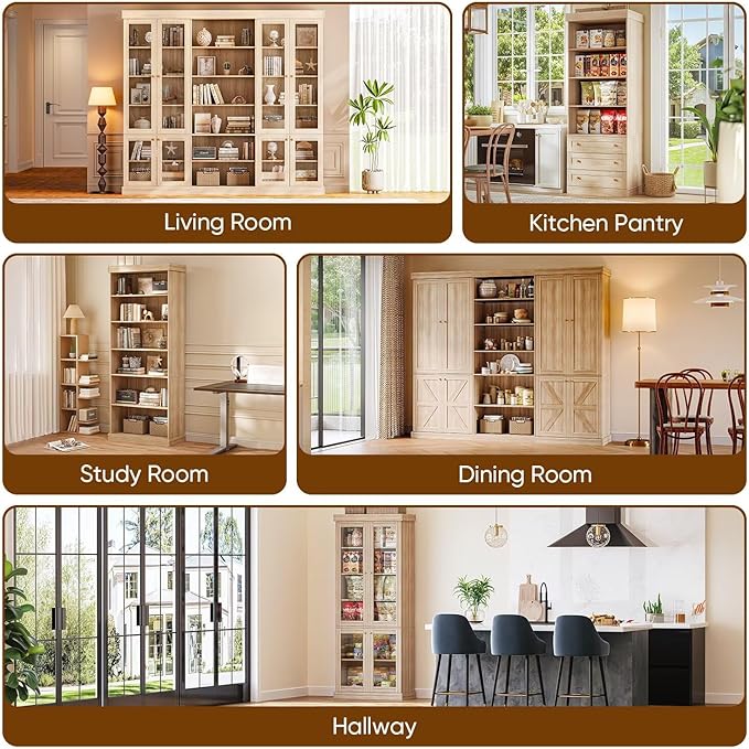 70.8" Tall Bookshelf with Doors, Farmhouse Modular Bookcase with 4-Tier Adjustable Shelves, Large Storage Cabinet for Home Office, Living Room, Brown, Set of 4